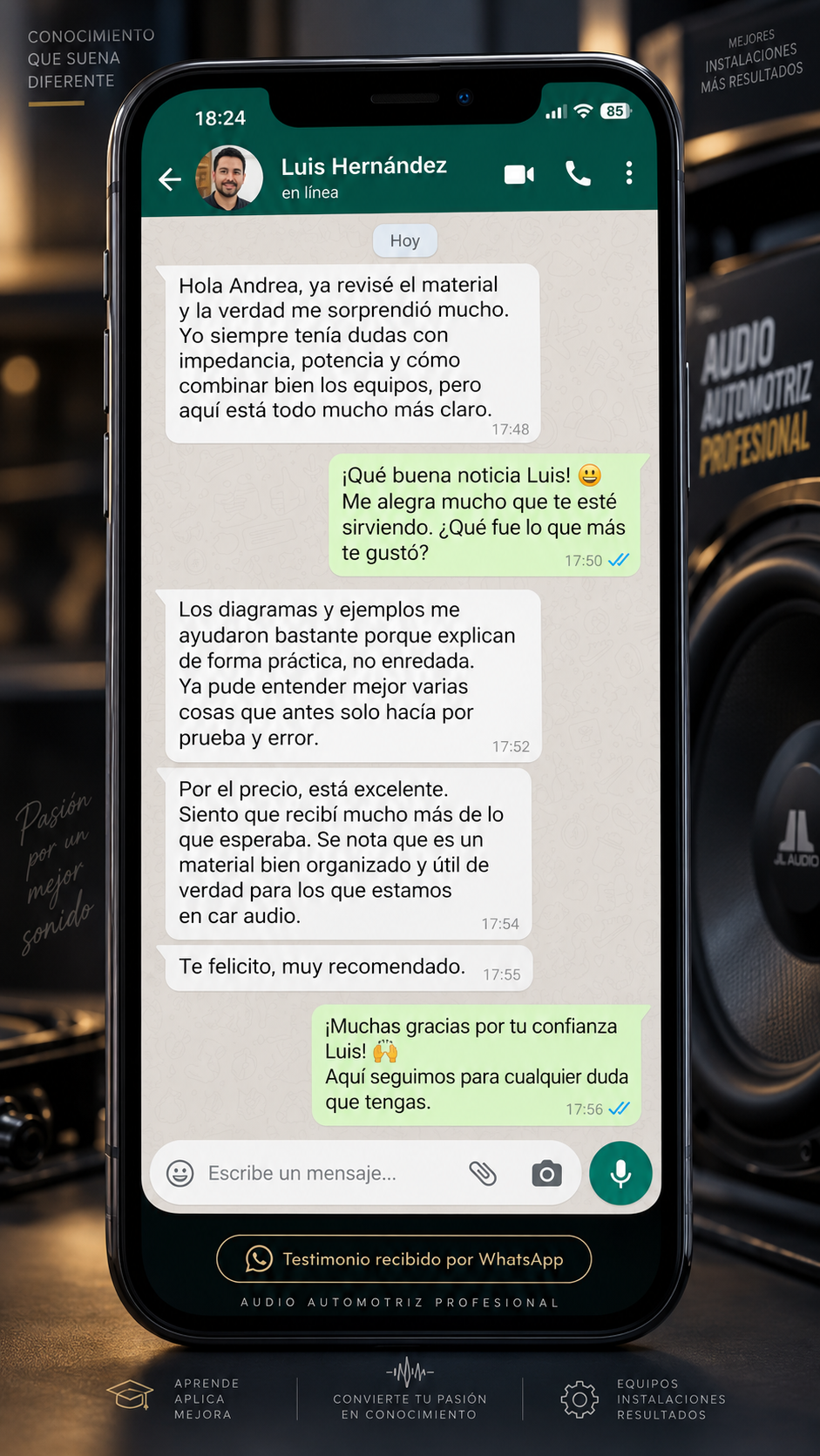 Conversación con Luis Hernández sobre cómo los diagramas y ejemplos le ayudaron a entender impedancia, potencia y compatibilidad de equipos.